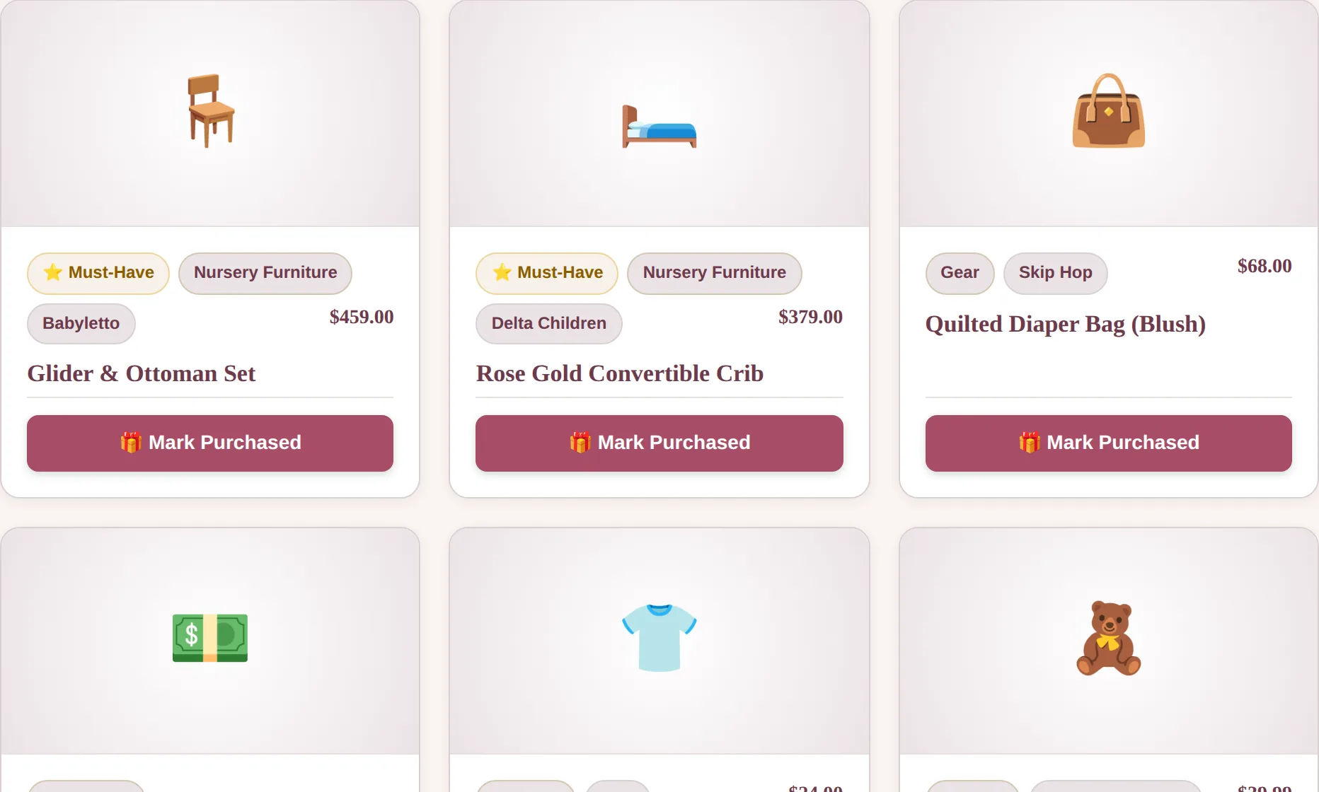 A baby registry showing gift cards with prices, Must-Have badges, a cash fund with a progress bar, and one gift already claimed