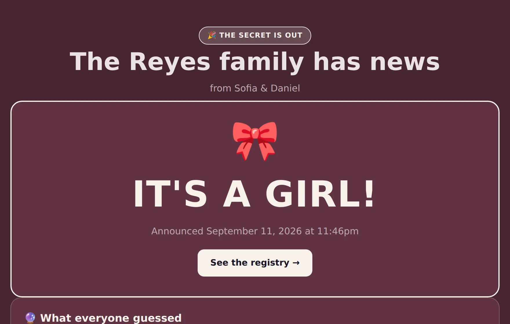 The same gender reveal page after the answer, now in the family's own pink theme, reading IT'S A GIRL with the date it was announced and a link into the registry