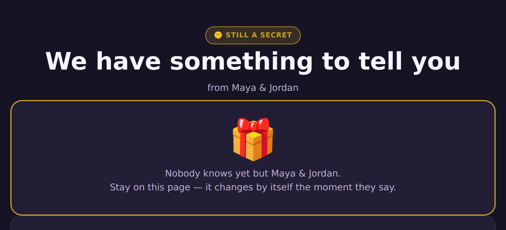 A gender reveal page in a dark, deliberately colourless design: a wrapped gift, the line "Nobody knows yet", a Boy and a Girl guess button with a running tally, and the names of the people currently on the page